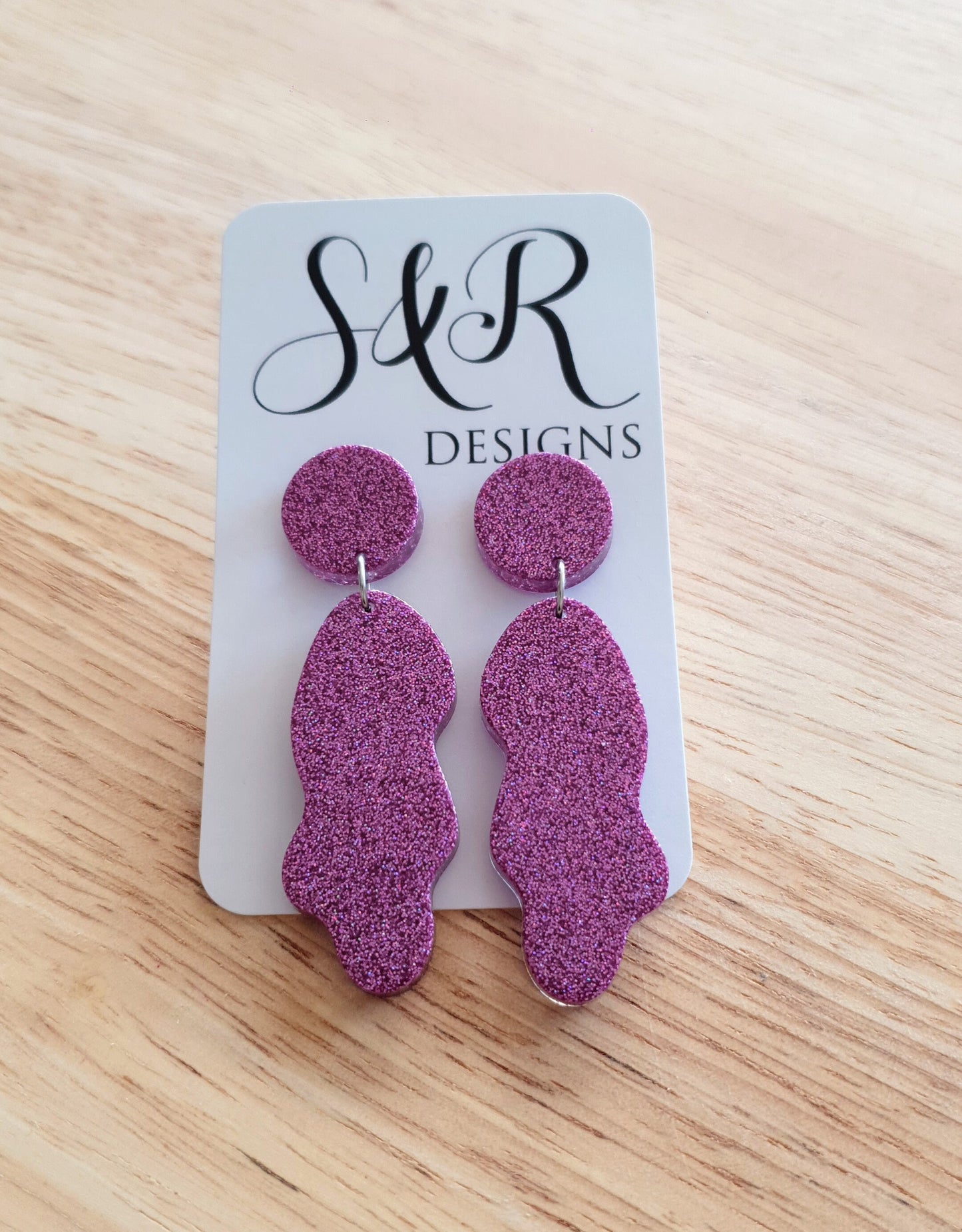 Pricilla Pink Wave Liquid Shape Dangle Drop Earrings, Vibrant Pink Fine Glitter, Statement Handmade Resin Earrings