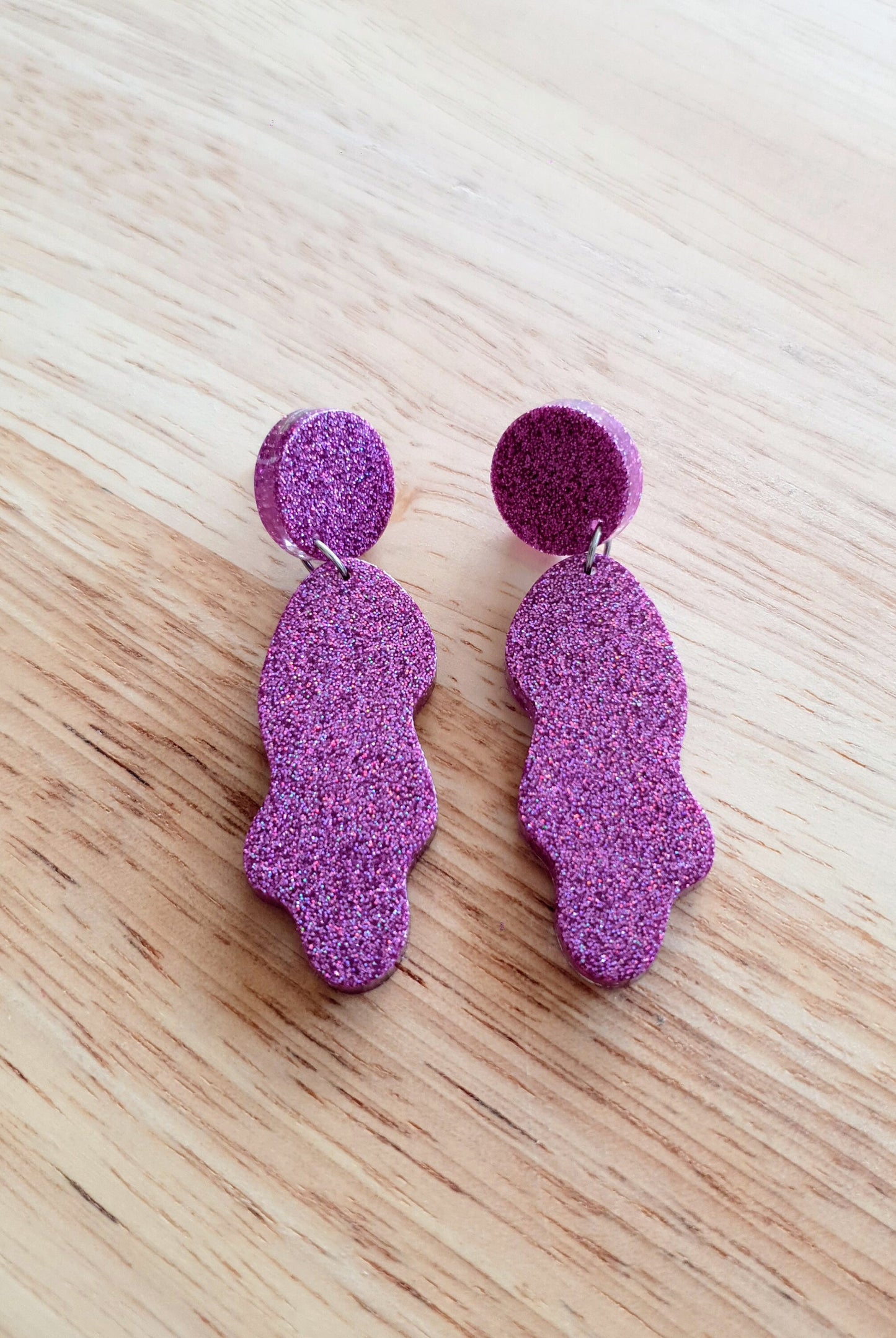 Pricilla Pink Wave Liquid Shape Dangle Drop Earrings, Vibrant Pink Fine Glitter, Statement Handmade Resin Earrings