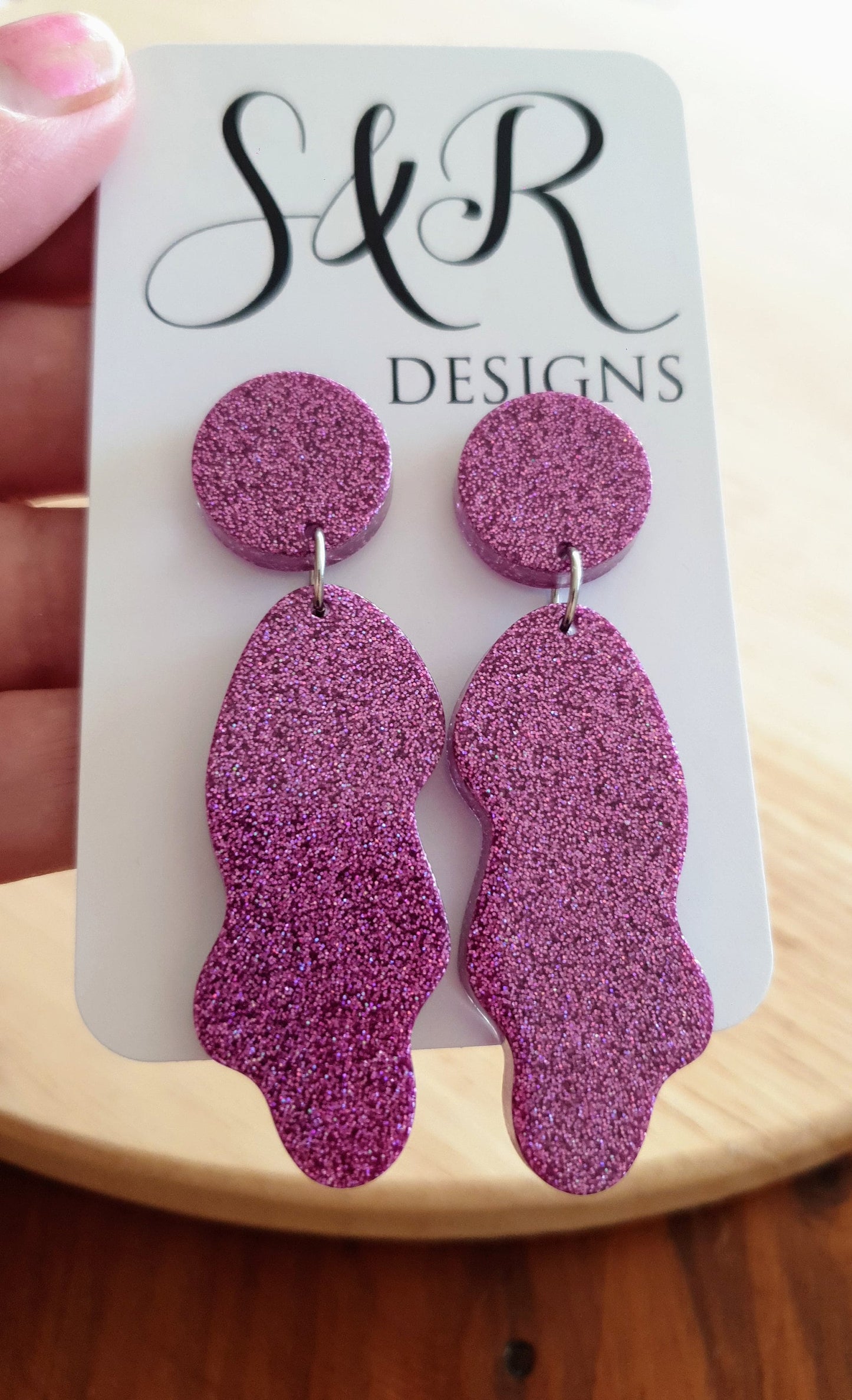 Pricilla Pink Wave Liquid Shape Dangle Drop Earrings, Vibrant Pink Fine Glitter, Statement Handmade Resin Earrings