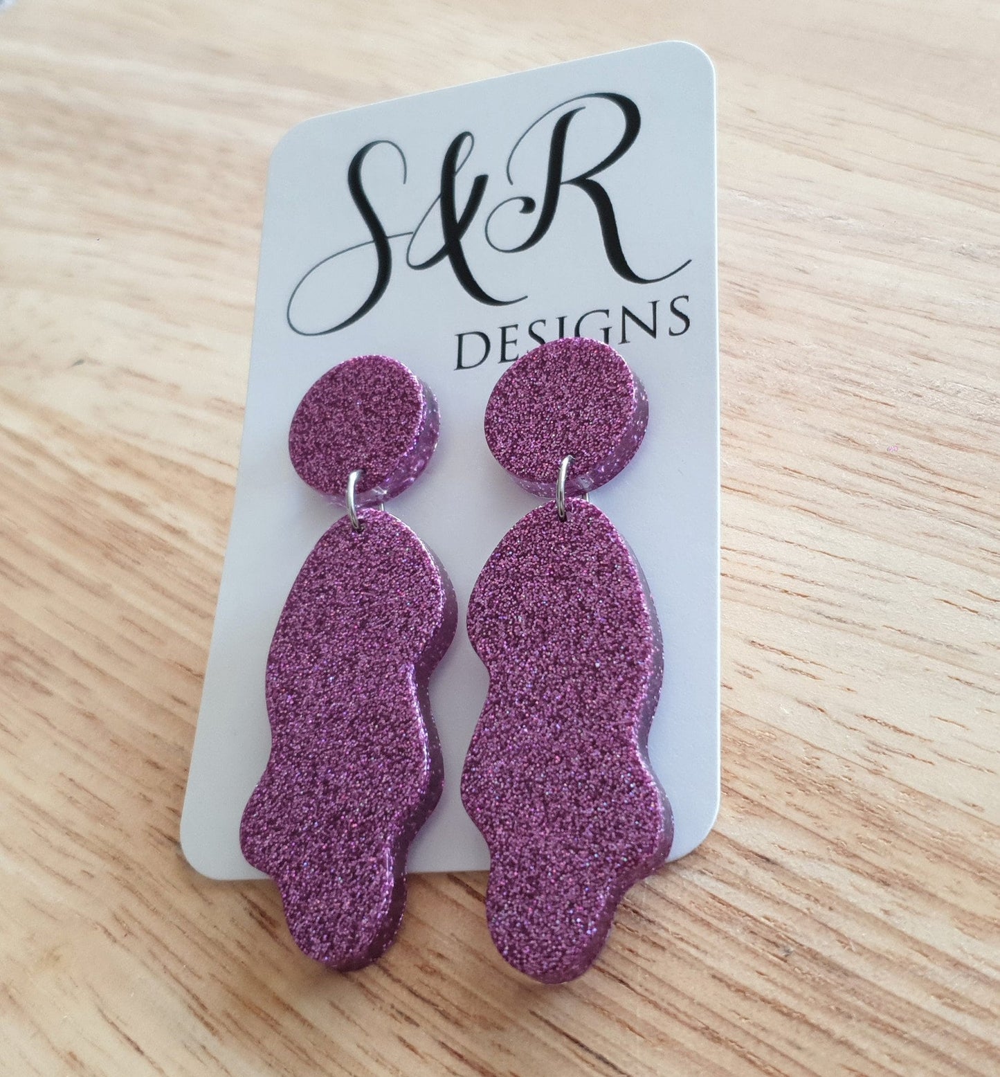 Pricilla Pink Wave Liquid Shape Dangle Drop Earrings, Vibrant Pink Fine Glitter, Statement Handmade Resin Earrings