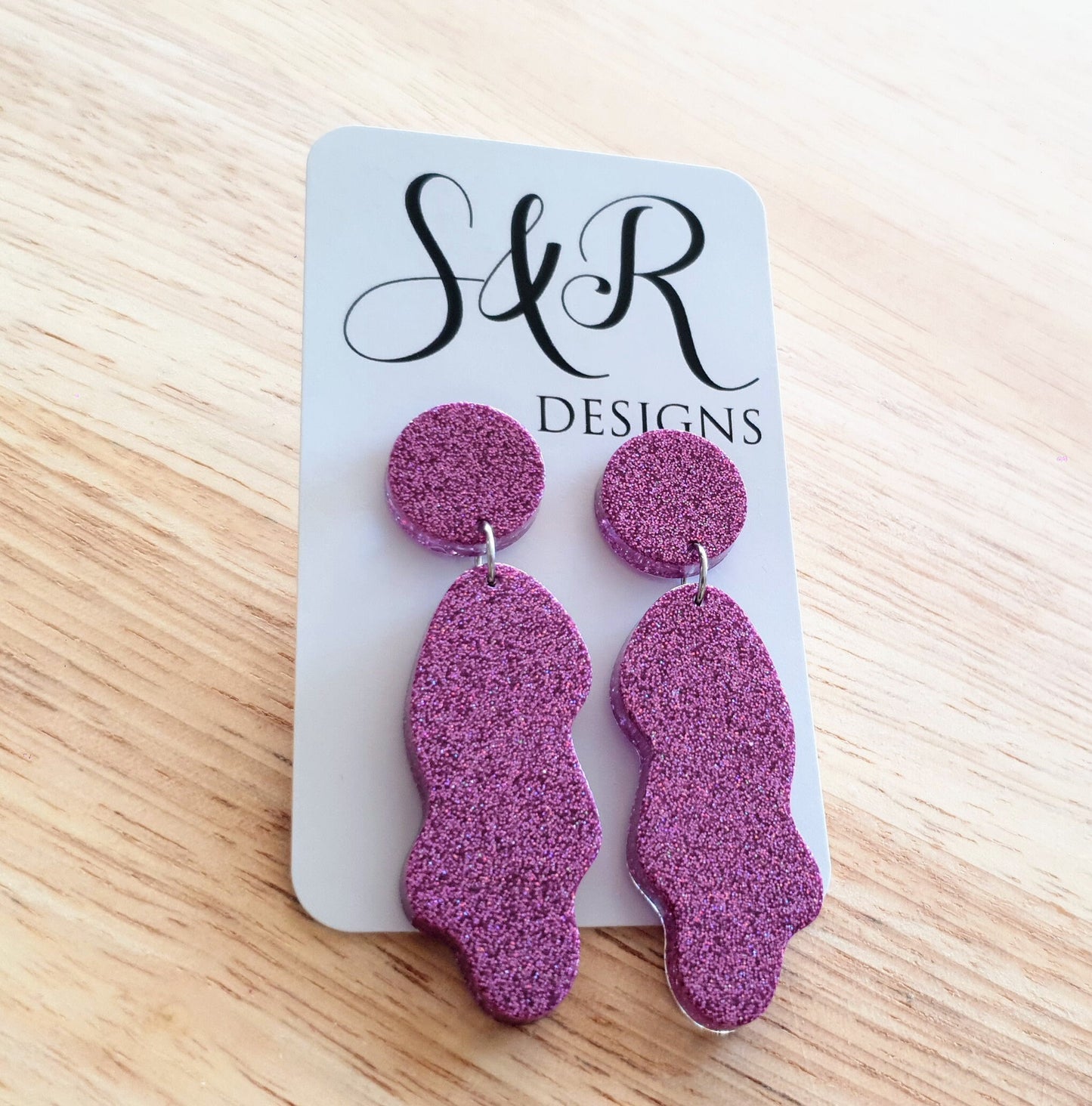 Pricilla Pink Wave Liquid Shape Dangle Drop Earrings, Vibrant Pink Fine Glitter, Statement Handmade Resin Earrings