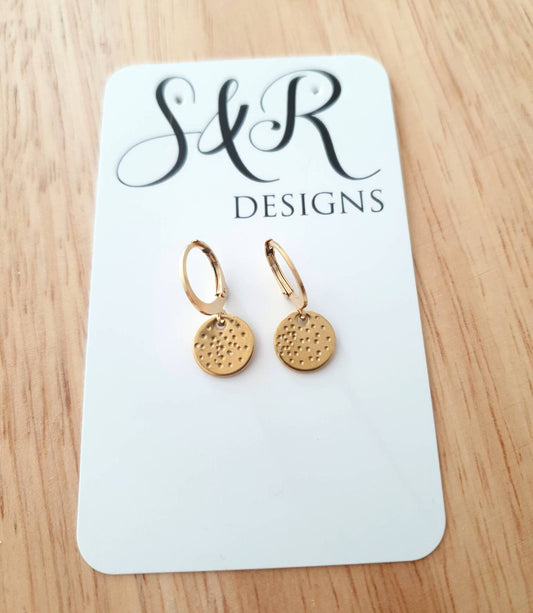Gold Hammered Dot Circle Disc Leverback Drop Earrings, Coin Disc Hoops, Disc Hooks, Stainless Steel Dangle Leverback, Minimalist Earrings