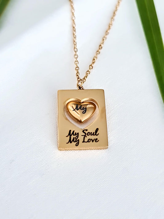 Custom Engraved Heart Necklace, 18K Gold Stainless Steel Pendant, My Soul My Love, Gift for Her, Romantic Jewellery, Anniversary Gift