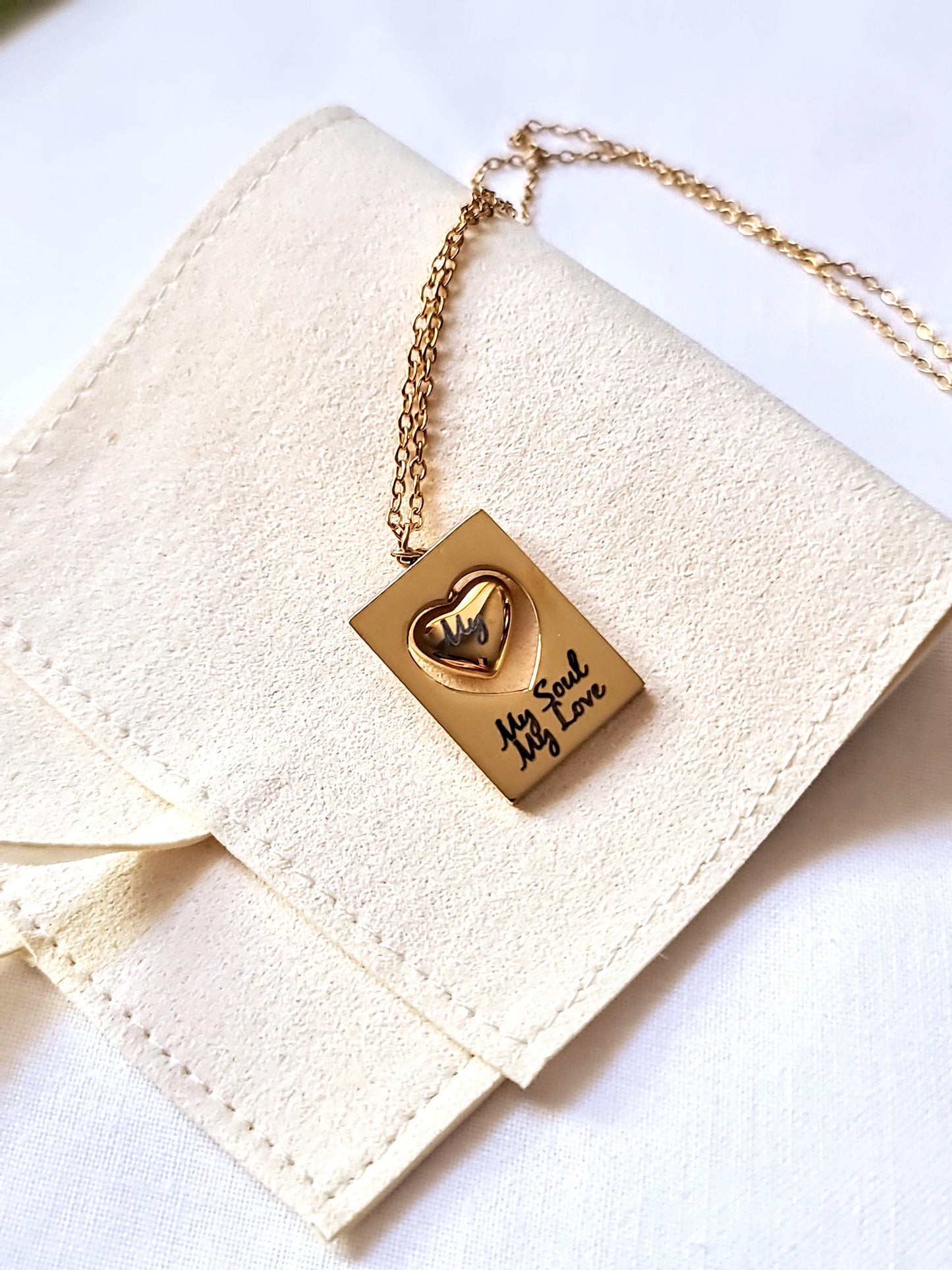 Custom Engraved Heart Necklace, 18K Gold Stainless Steel Pendant, My Soul My Love, Gift for Her, Romantic Jewellery, Anniversary Gift