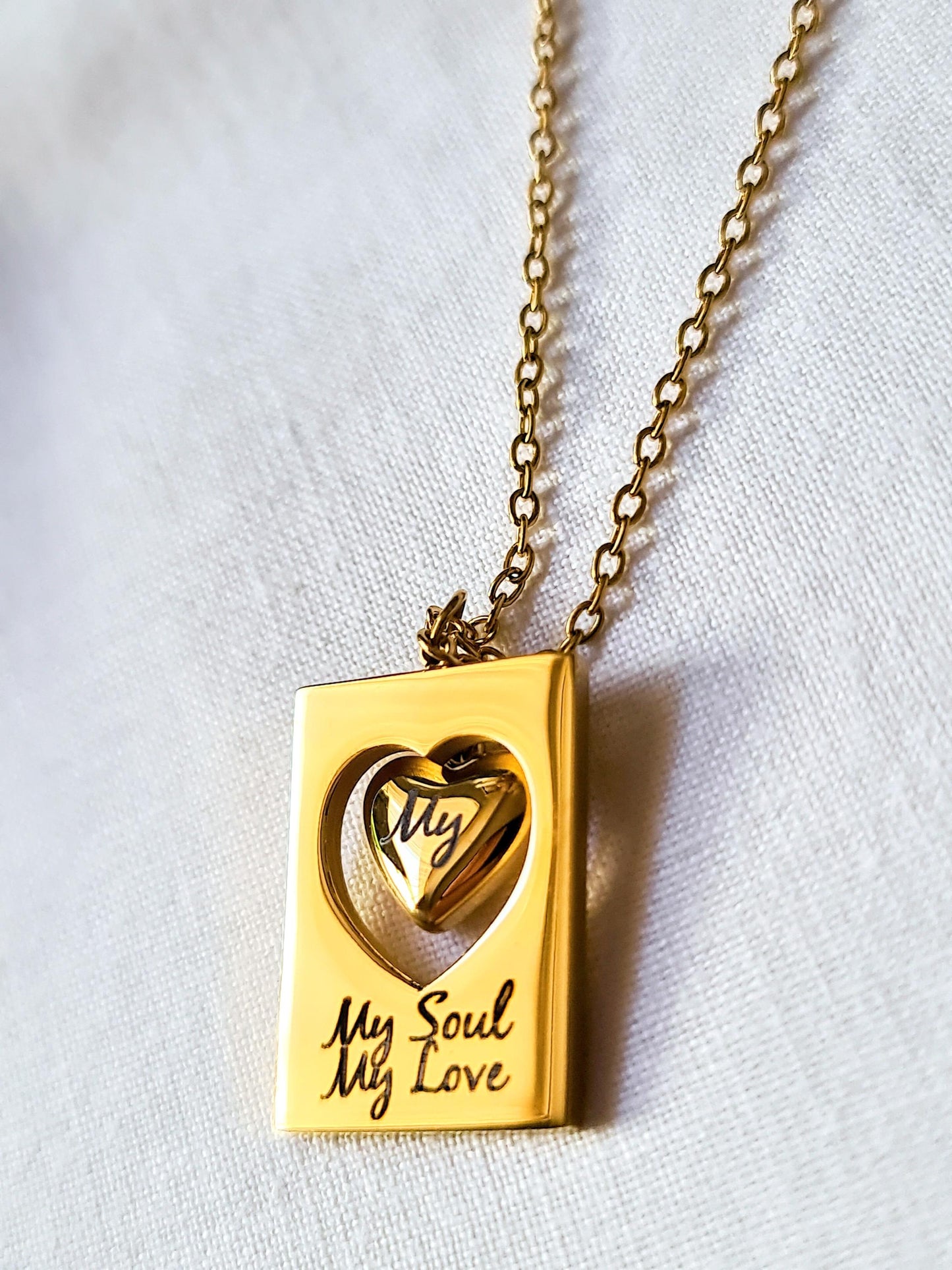 Custom Engraved Heart Necklace, 18K Gold Stainless Steel Pendant, My Soul My Love, Gift for Her, Romantic Jewellery, Anniversary Gift