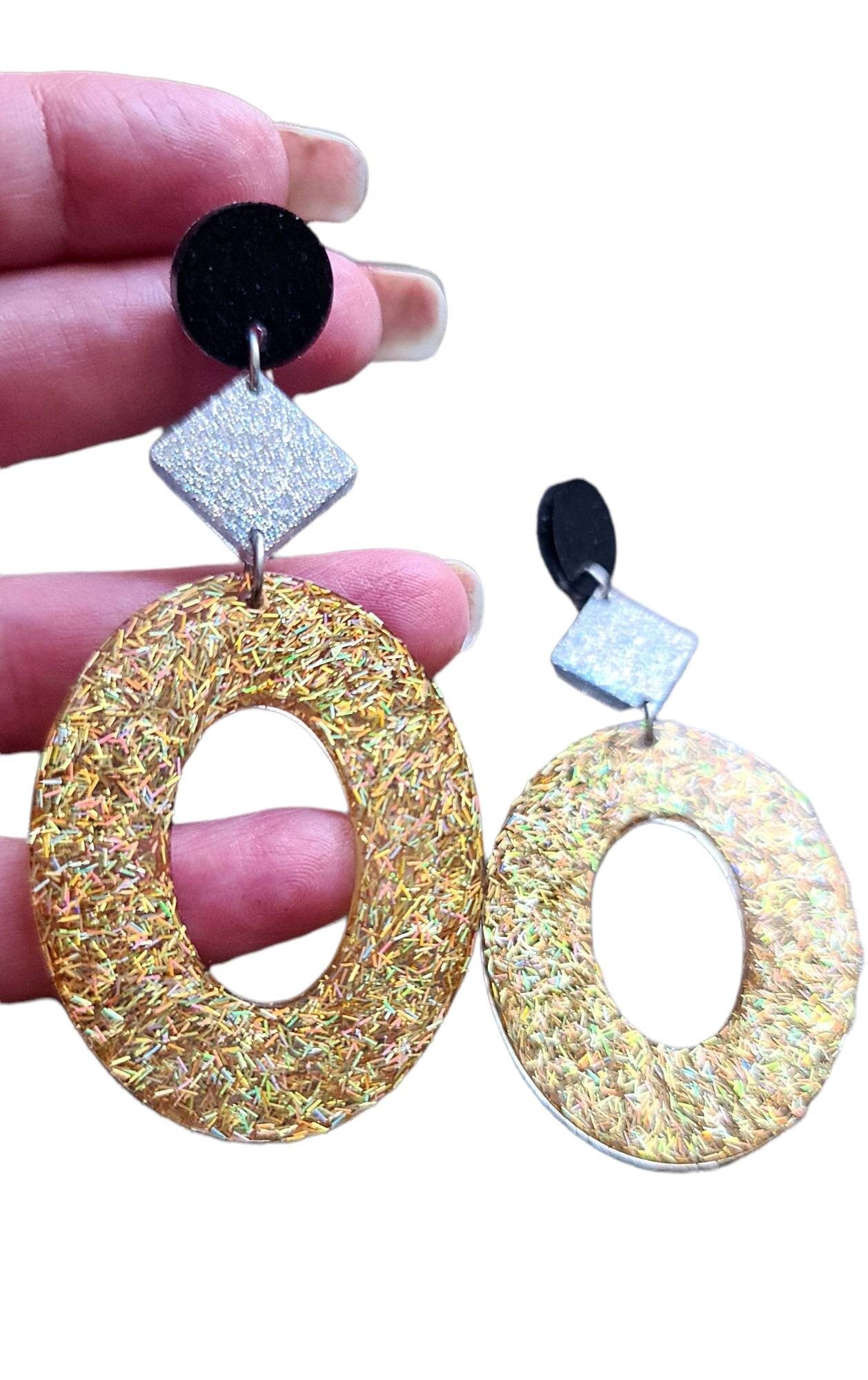 Oversized Oval Earrings Long Dangle, Black, Silver and Gold Resin Dangle Statement Earrings, Bridal, Bridesmaid, Evening Wear, Lightweight