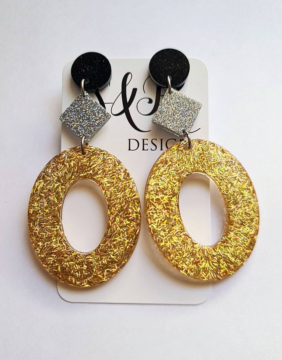 Oversized Oval Earrings Long Dangle, Black, Silver and Gold Resin Dangle Statement Earrings, Bridal, Bridesmaid, Evening Wear, Lightweight