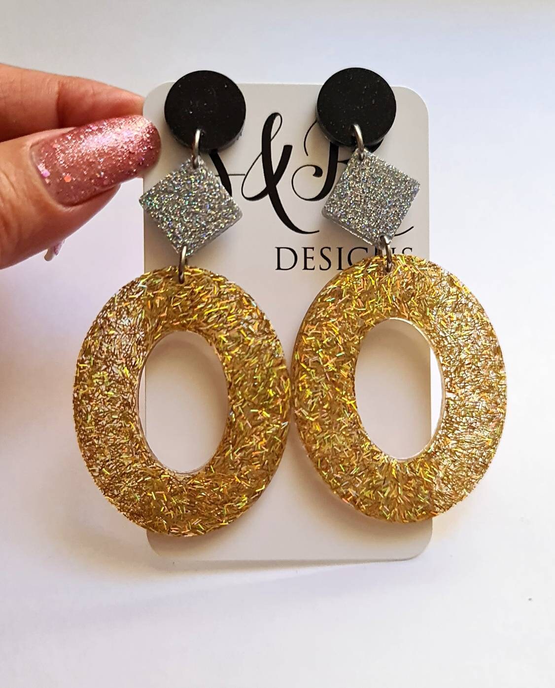 Oversized Oval Earrings Long Dangle, Black, Silver and Gold Resin Dangle Statement Earrings, Bridal, Bridesmaid, Evening Wear, Lightweight