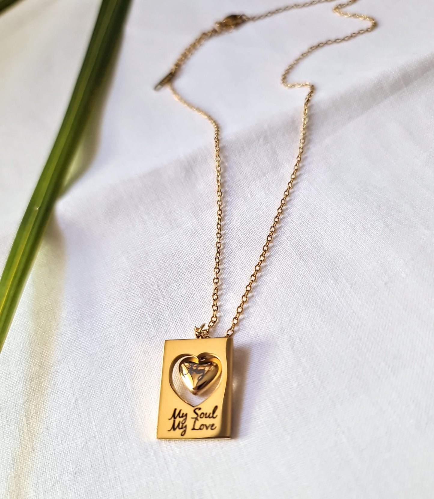 Custom Engraved Heart Necklace, 18K Gold Stainless Steel Pendant, My Soul My Love, Gift for Her, Romantic Jewellery, Anniversary Gift
