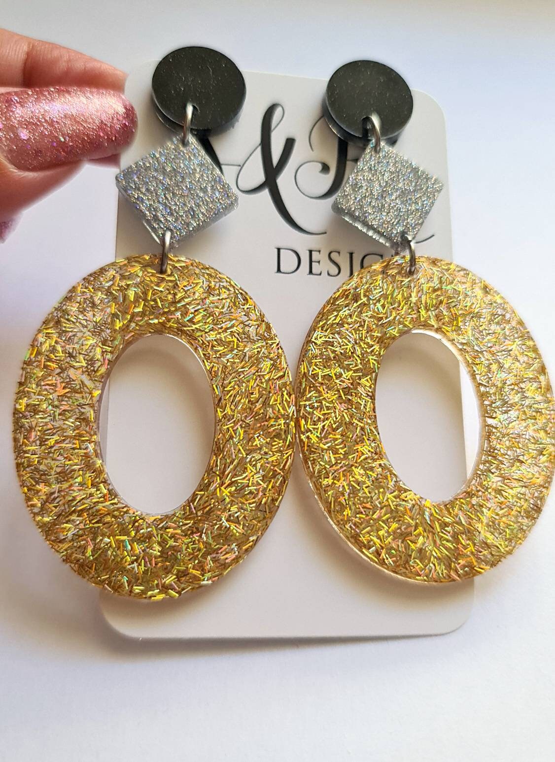 Oversized Oval Earrings Long Dangle, Black, Silver and Gold Resin Dangle Statement Earrings, Bridal, Bridesmaid, Evening Wear, Lightweight