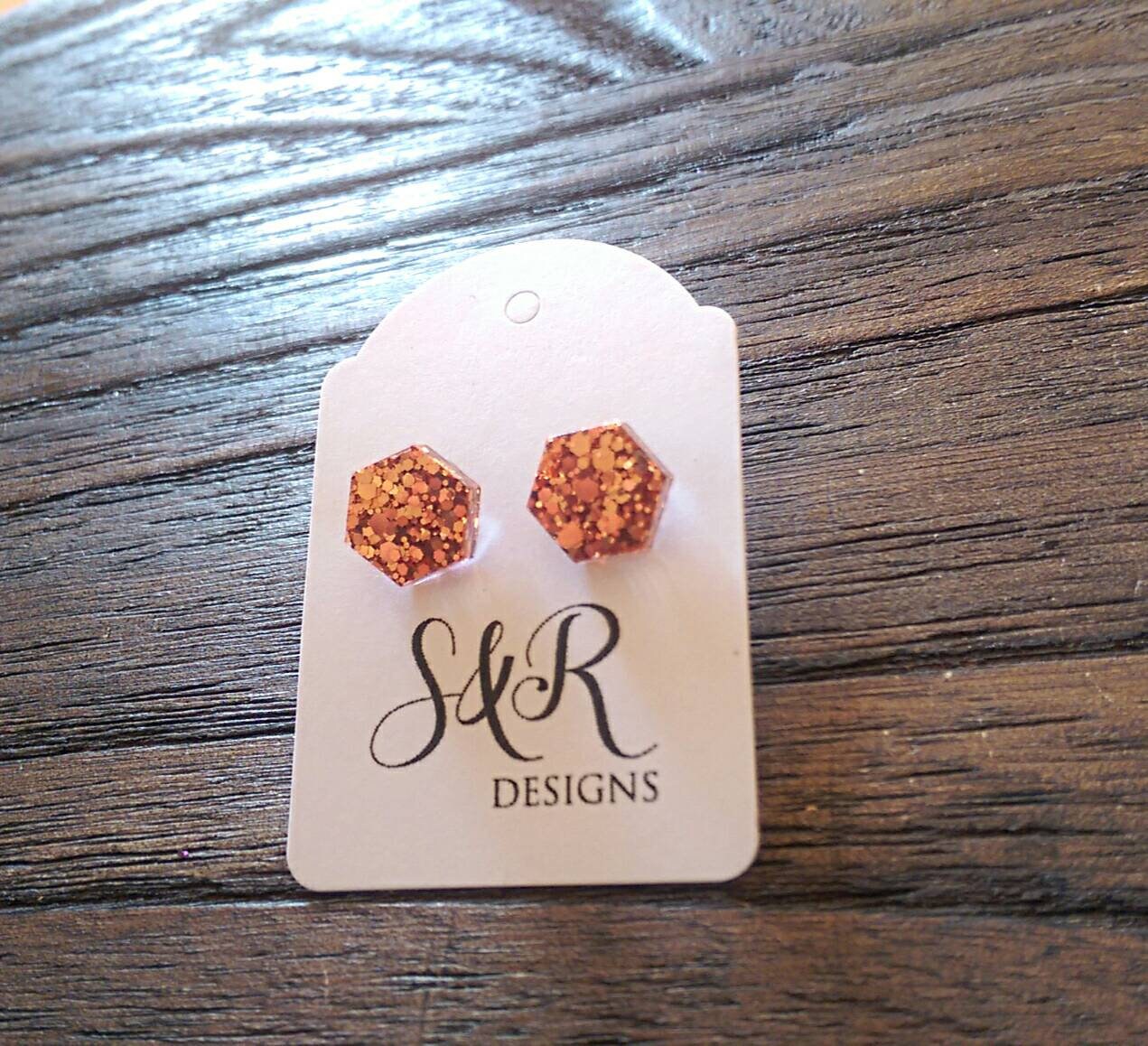 Hexagon Resin Stud Earrings, Rose Gold Copper Earrings. Stainless Steel Stud Earrings. 10mm or 6mm