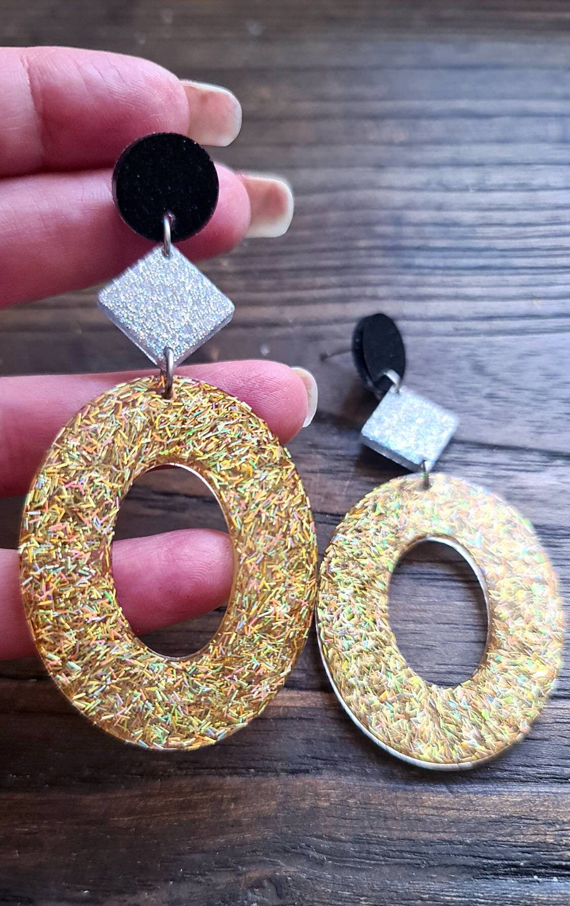 Oversized Oval Earrings Long Dangle, Black, Silver and Gold Resin Dangle Statement Earrings, Bridal, Bridesmaid, Evening Wear, Lightweight