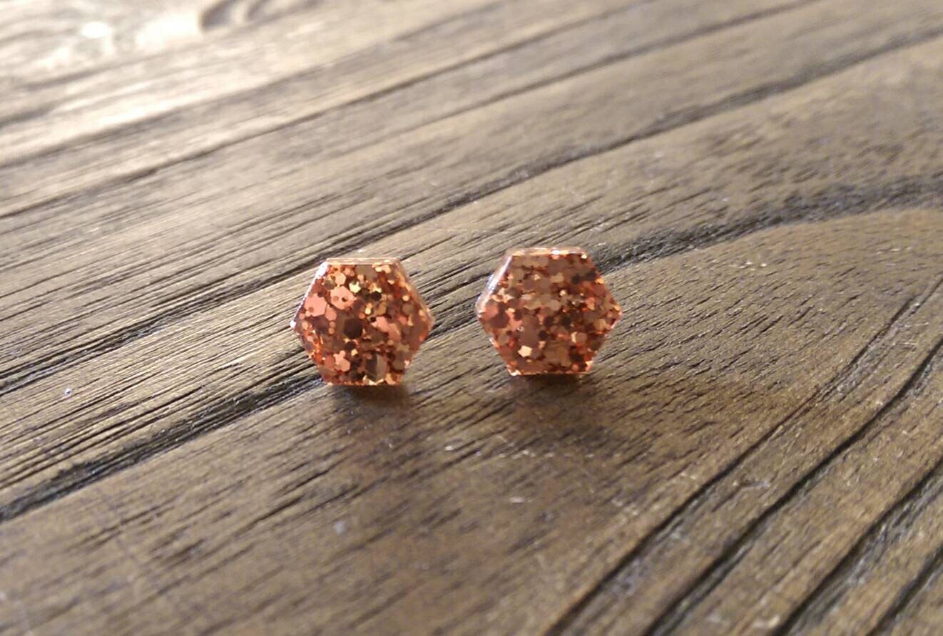 Hexagon Resin Stud Earrings, Rose Gold Copper Earrings. Stainless Steel Stud Earrings. 10mm or 6mm