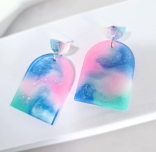 Statement Pastel Earrings, Arch Dangle Drop Hook Earrings, Blue, Teal, Pink and White Glitter Resin Handmade