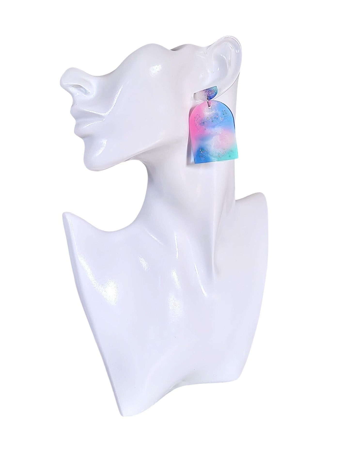 Statement Pastel Earrings, Arch Dangle Drop Hook Earrings, Blue, Teal, Pink and White Glitter Resin Handmade