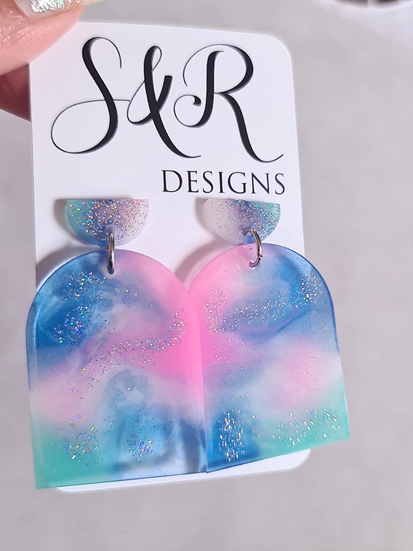 Statement Pastel Earrings, Arch Dangle Drop Hook Earrings, Blue, Teal, Pink and White Glitter Resin Handmade