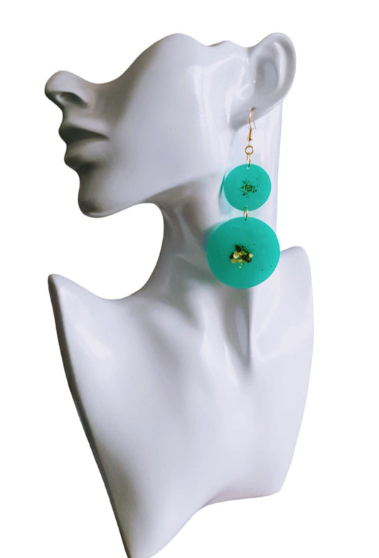 Two Circle Long Earwire Earrings, Statement Teal with a Splash of Gold Glitter Earrings, Bridal Earrings, Bridesmaid, Gold Stainless Steel.