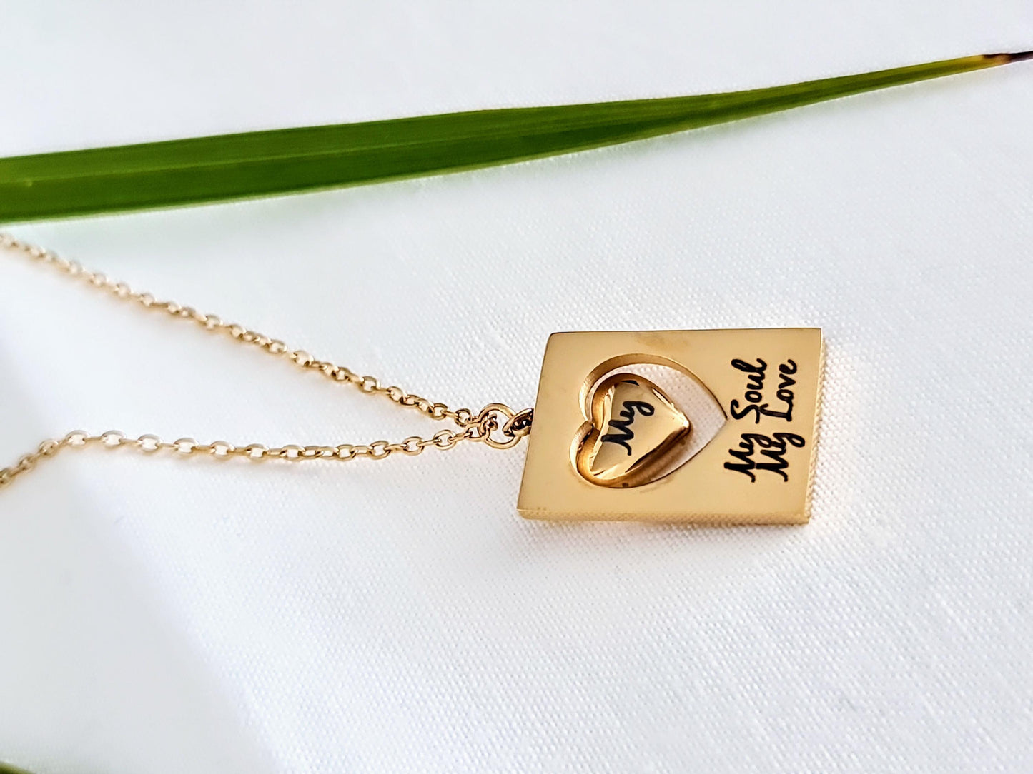 Custom Engraved Heart Necklace, 18K Gold Stainless Steel Pendant, My Soul My Love, Gift for Her, Romantic Jewellery, Anniversary Gift
