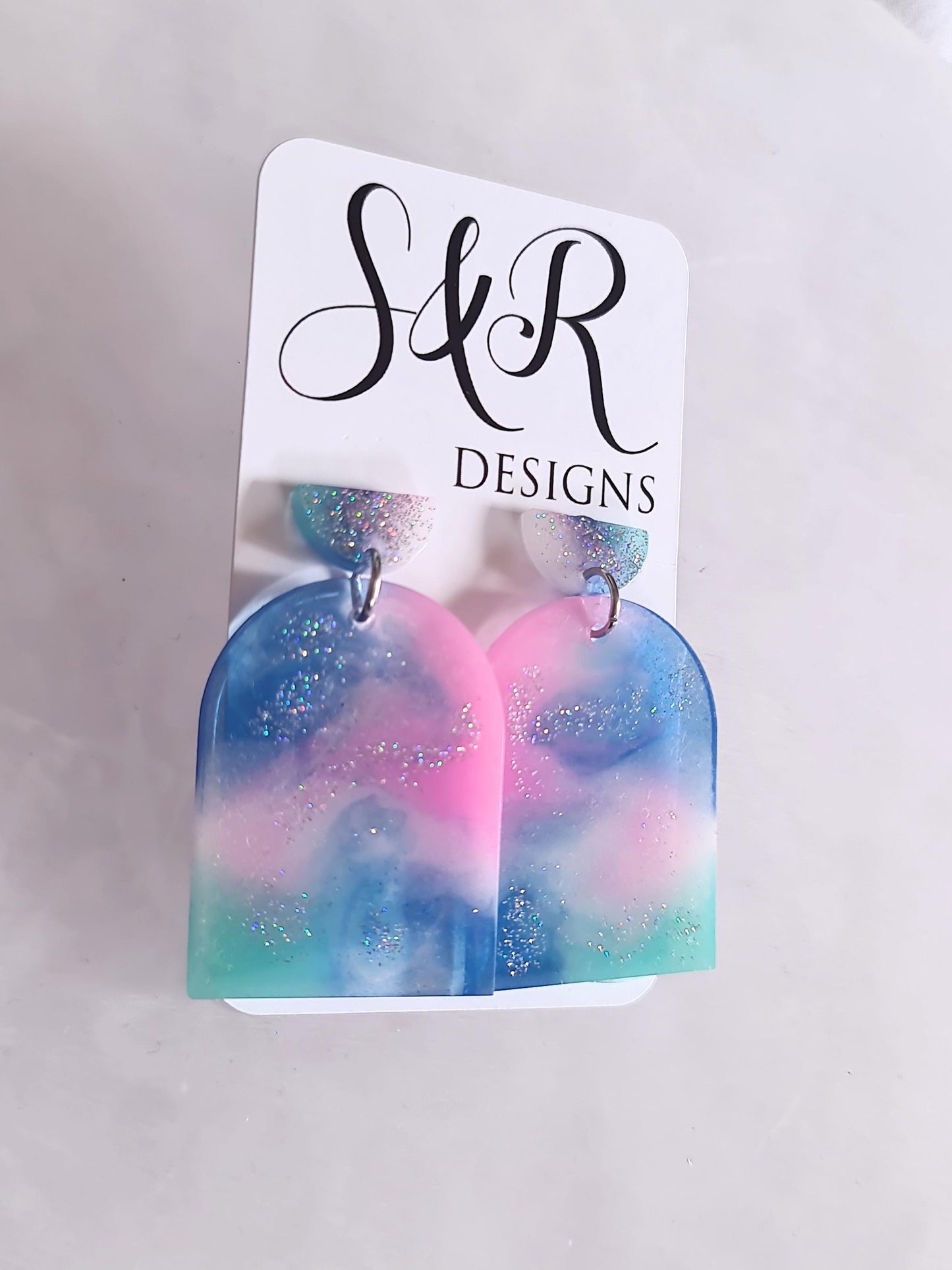 Statement Pastel Earrings, Arch Dangle Drop Hook Earrings, Blue, Teal, Pink and White Glitter Resin Handmade