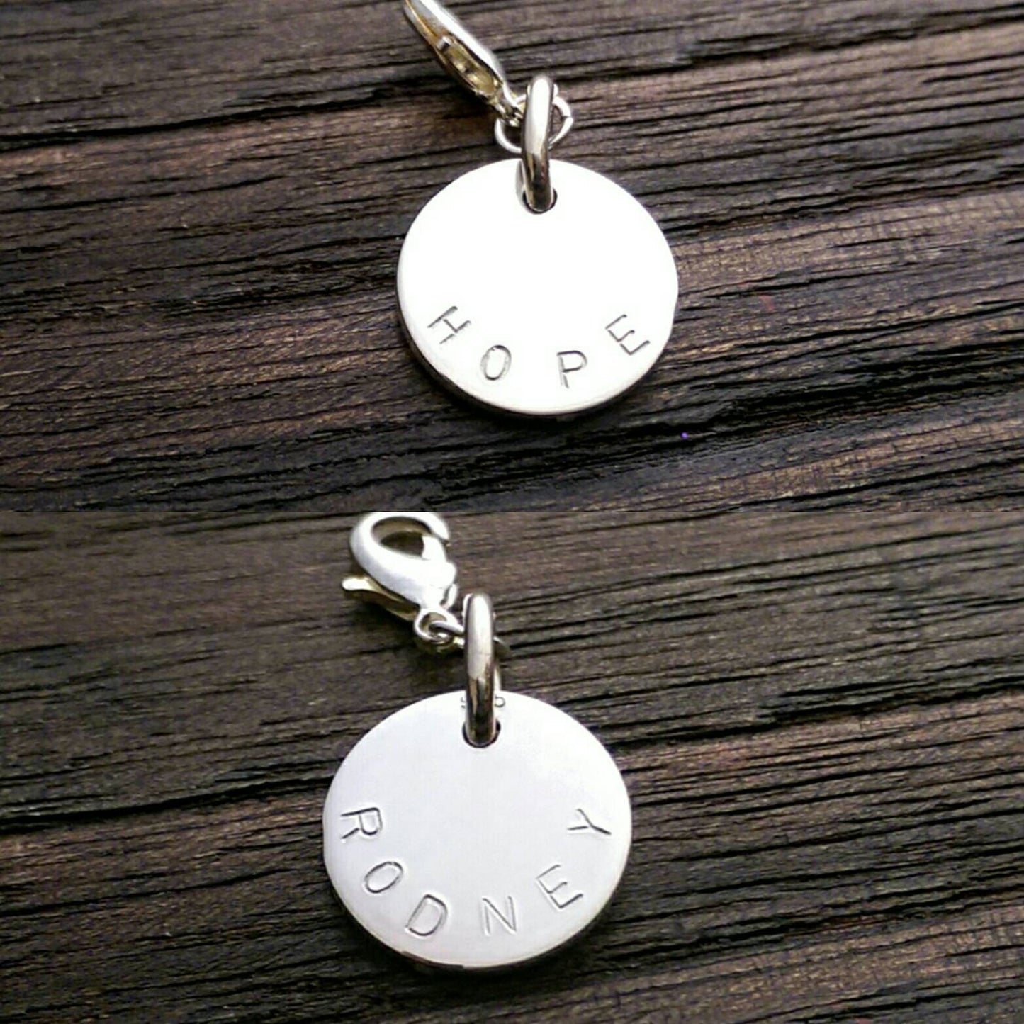 Sterling Silver Personalised Hand Stamped Name Pendant Circle 20mm or 15mm, Star or Heart Design