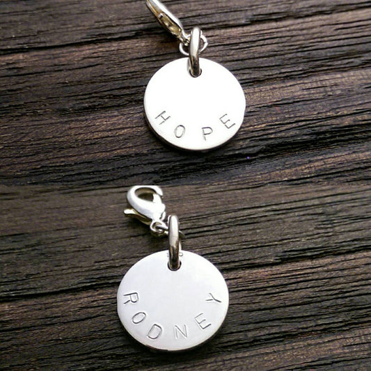 Sterling Silver Personalised Hand Stamped Name Pendant Circle 20mm or 15mm, Star or Heart Design