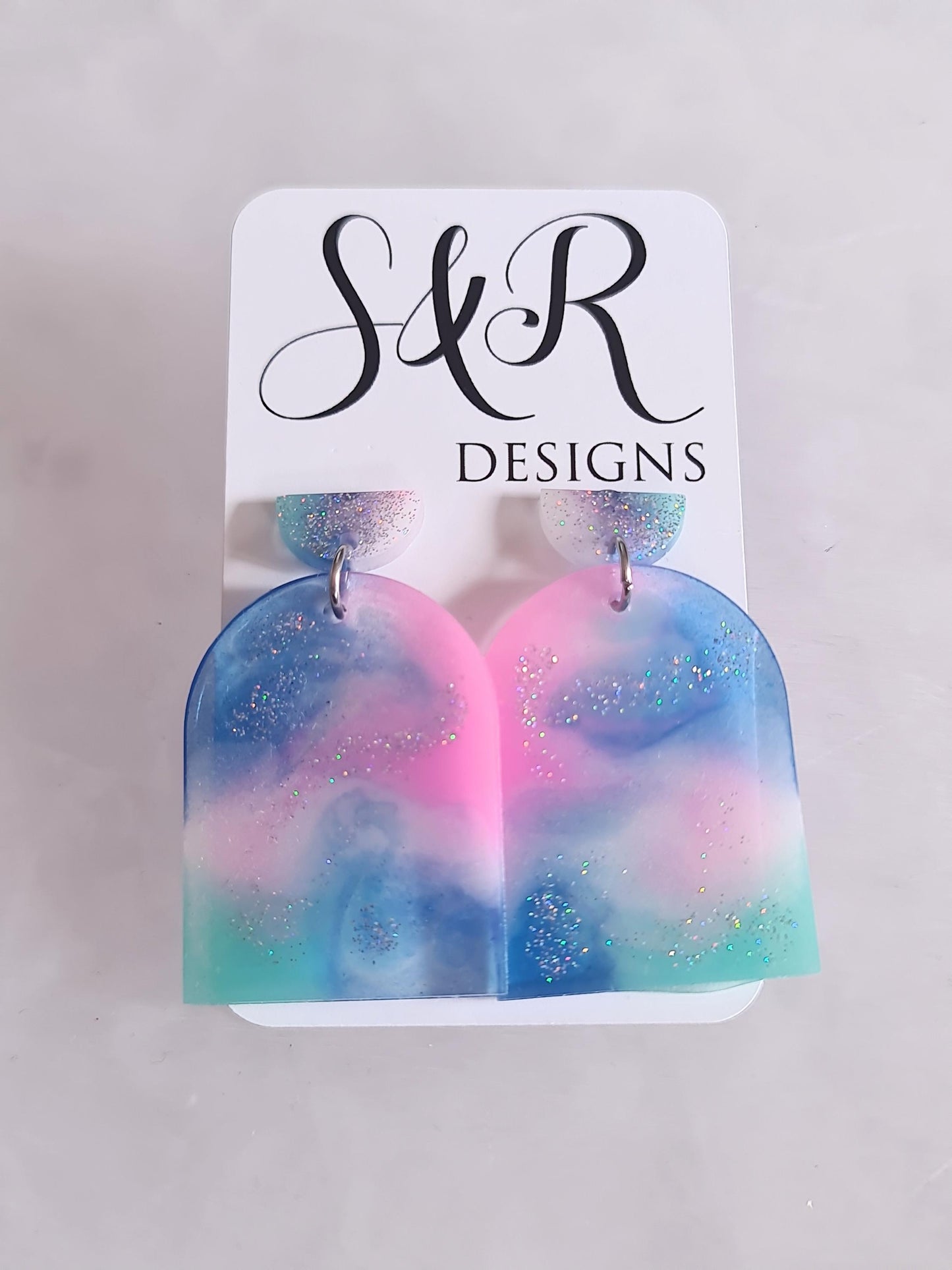 Statement Pastel Earrings, Arch Dangle Drop Hook Earrings, Blue, Teal, Pink and White Glitter Resin Handmade