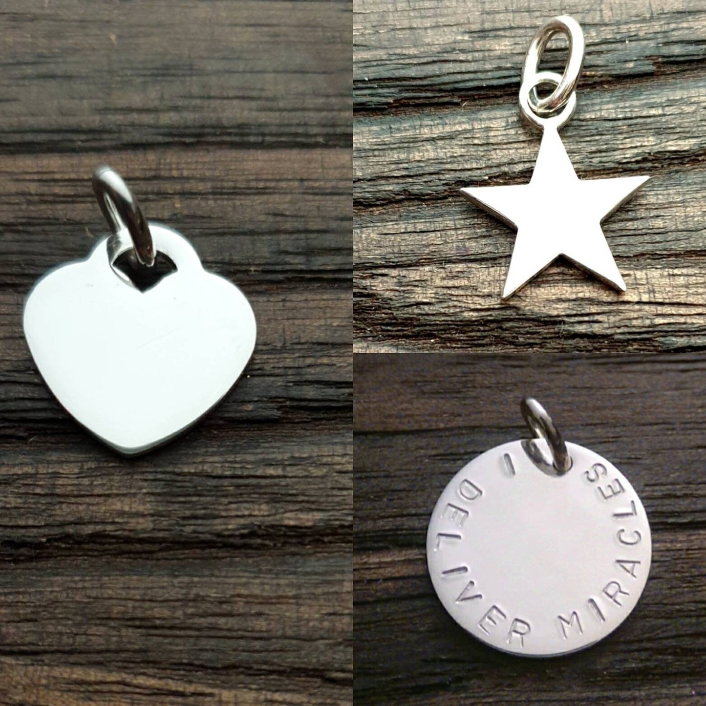Sterling Silver Personalised Hand Stamped Name Pendant Circle 20mm or 15mm, Star or Heart Design