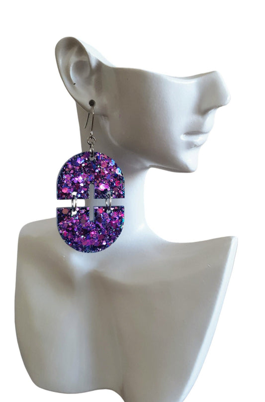 Blue Pink Double Arch Dangle Drop Earrings, Blue Pink Chameleon changing Glitter, Statement Handmade Resin Earrings