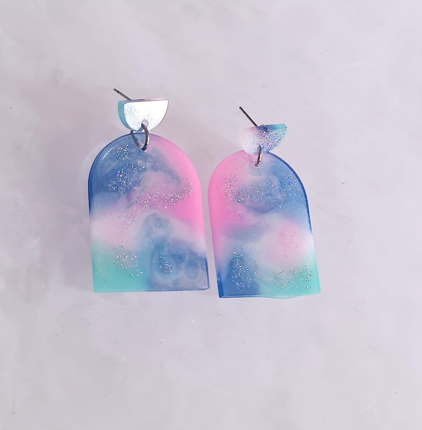 Statement Pastel Earrings, Arch Dangle Drop Hook Earrings, Blue, Teal, Pink and White Glitter Resin Handmade