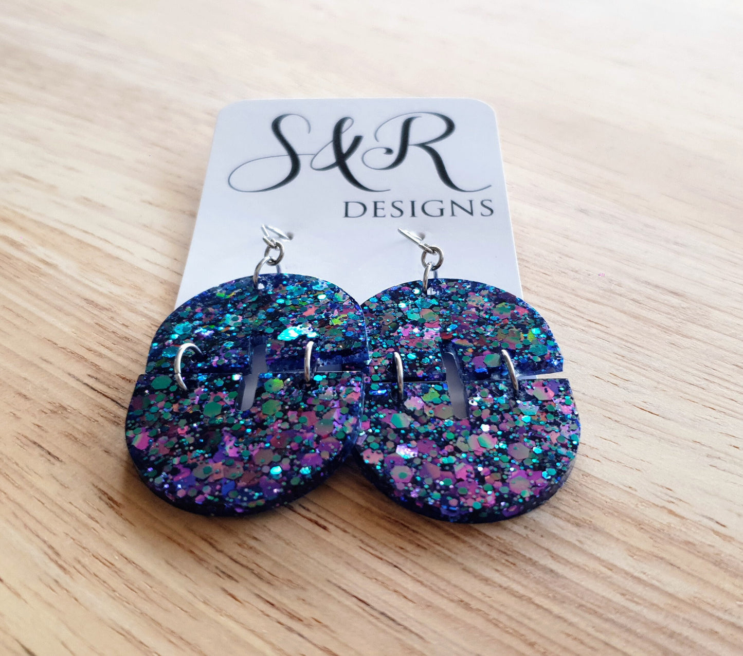 Blue Pink Double Arch Dangle Drop Earrings, Blue Pink Chameleon changing Glitter, Statement Handmade Resin Earrings