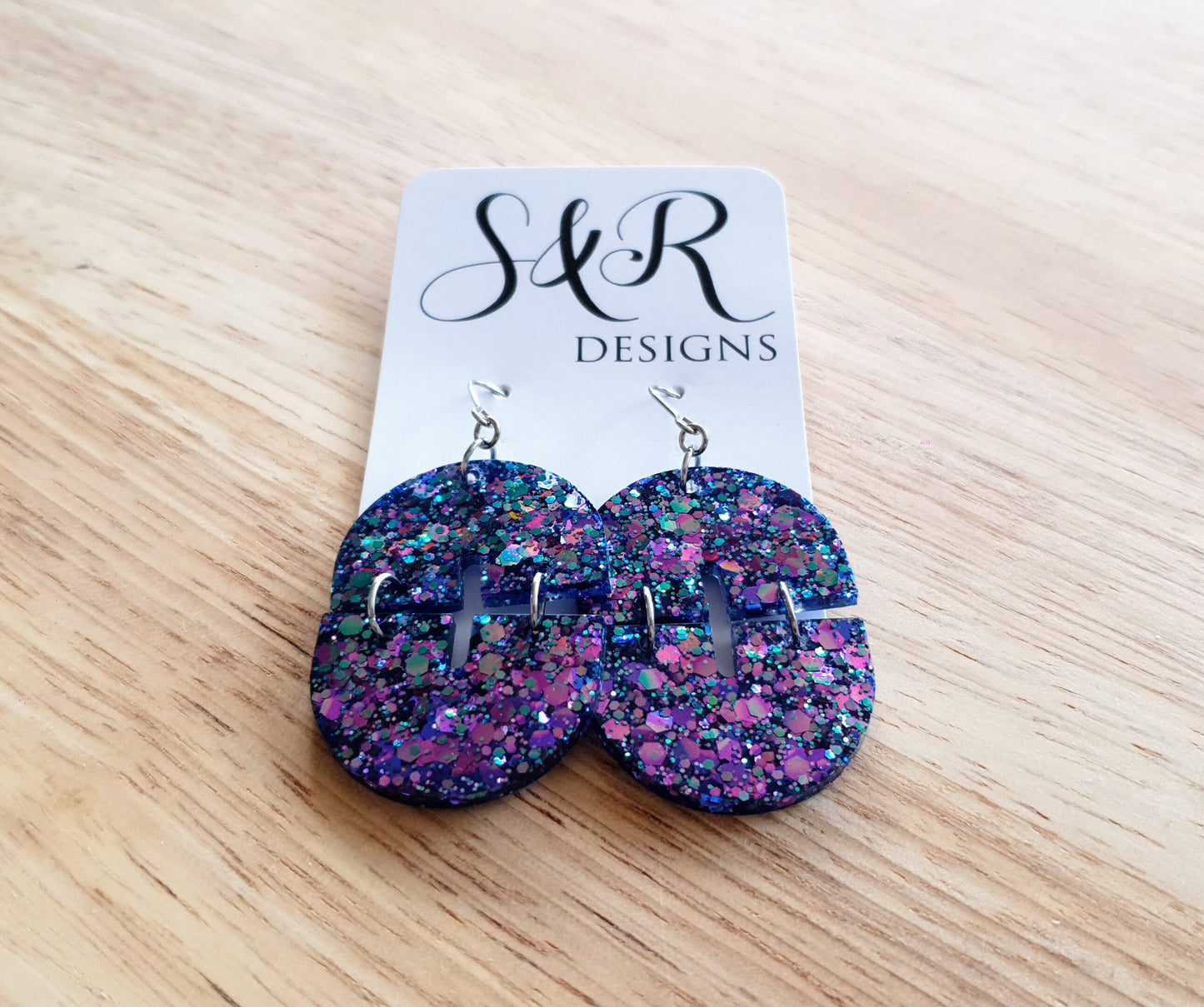 Blue Pink Double Arch Dangle Drop Earrings, Blue Pink Chameleon changing Glitter, Statement Handmade Resin Earrings