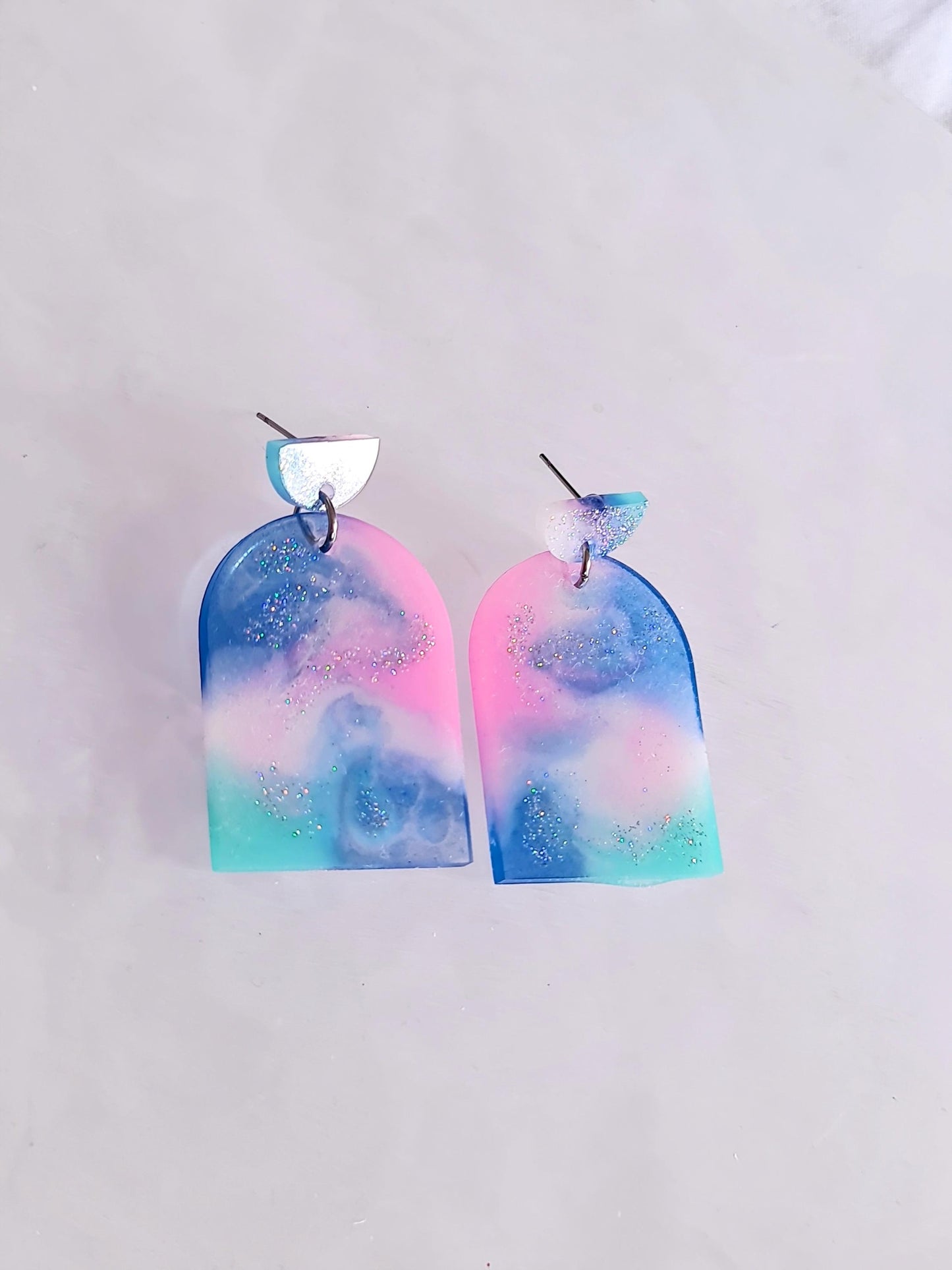 Statement Pastel Earrings, Arch Dangle Drop Hook Earrings, Blue, Teal, Pink and White Glitter Resin Handmade