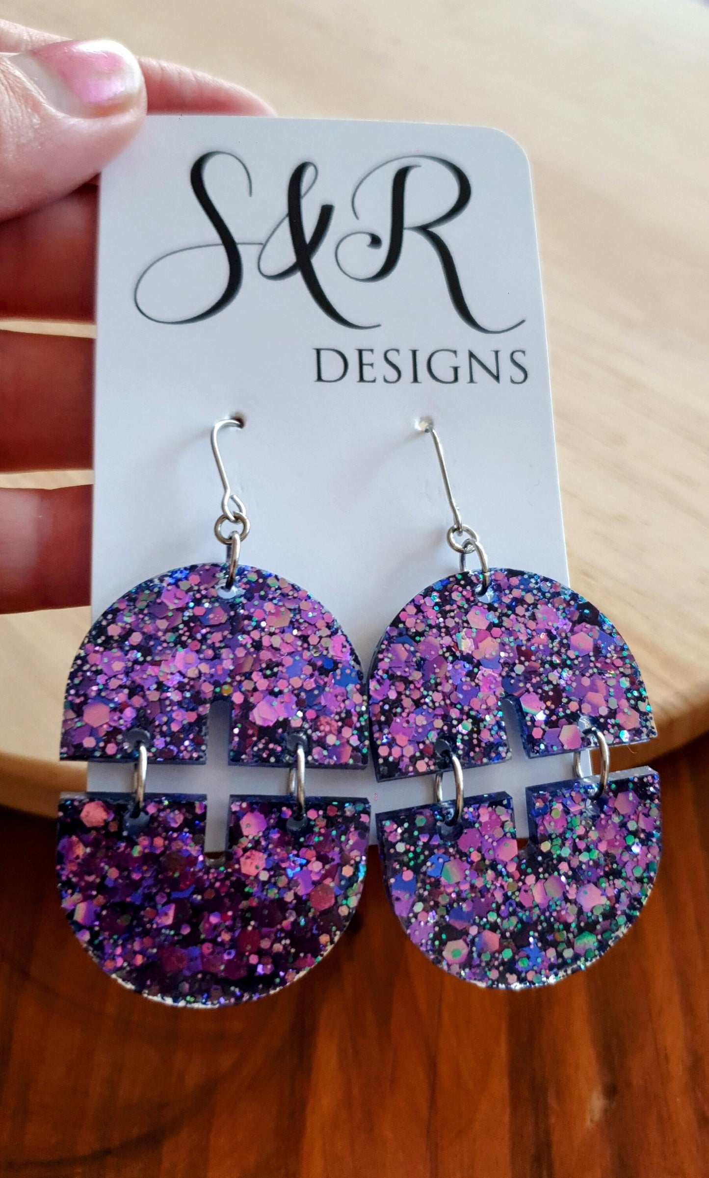 Blue Pink Double Arch Dangle Drop Earrings, Blue Pink Chameleon changing Glitter, Statement Handmade Resin Earrings