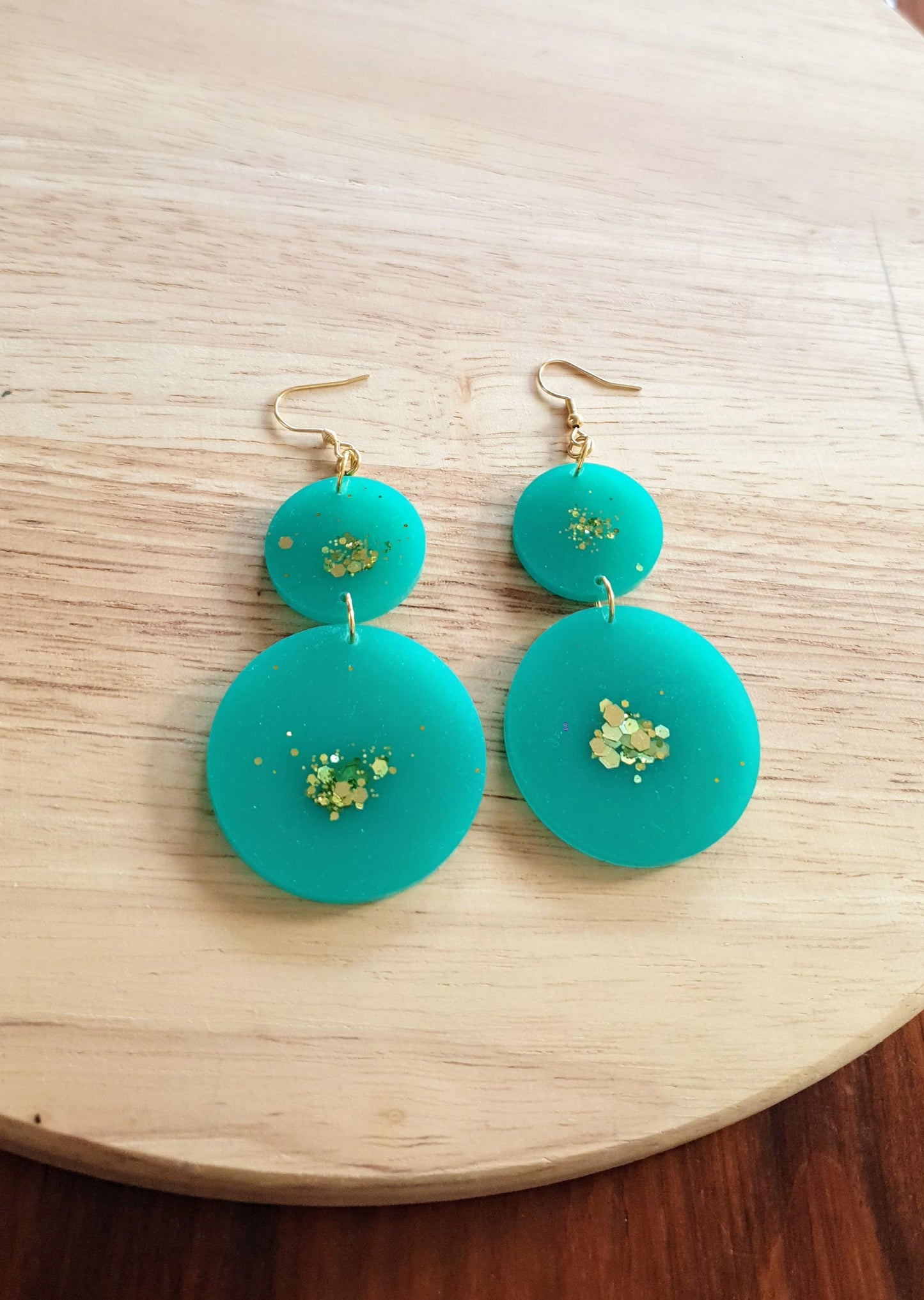Two Circle Long Earwire Earrings, Statement Teal with a Splash of Gold Glitter Earrings, Bridal Earrings, Bridesmaid, Gold Stainless Steel.