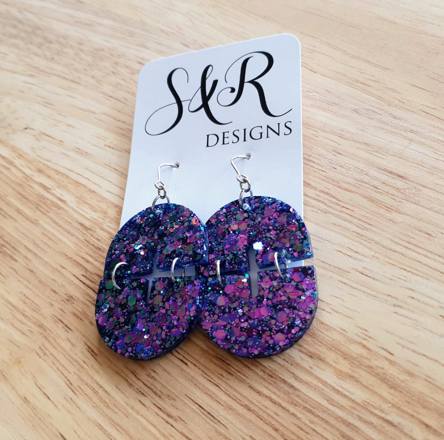 Blue Pink Double Arch Dangle Drop Earrings, Blue Pink Chameleon changing Glitter, Statement Handmade Resin Earrings