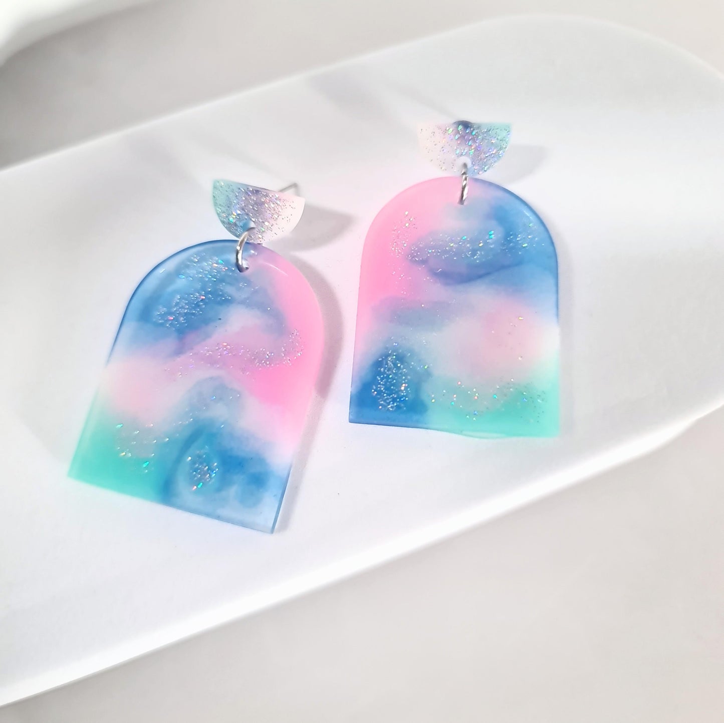Statement Pastel Earrings, Arch Dangle Drop Hook Earrings, Blue, Teal, Pink and White Glitter Resin Handmade