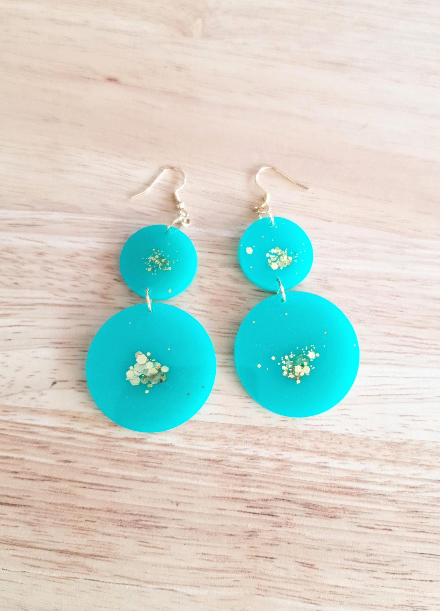Two Circle Long Earwire Earrings, Statement Teal with a Splash of Gold Glitter Earrings, Bridal Earrings, Bridesmaid, Gold Stainless Steel.