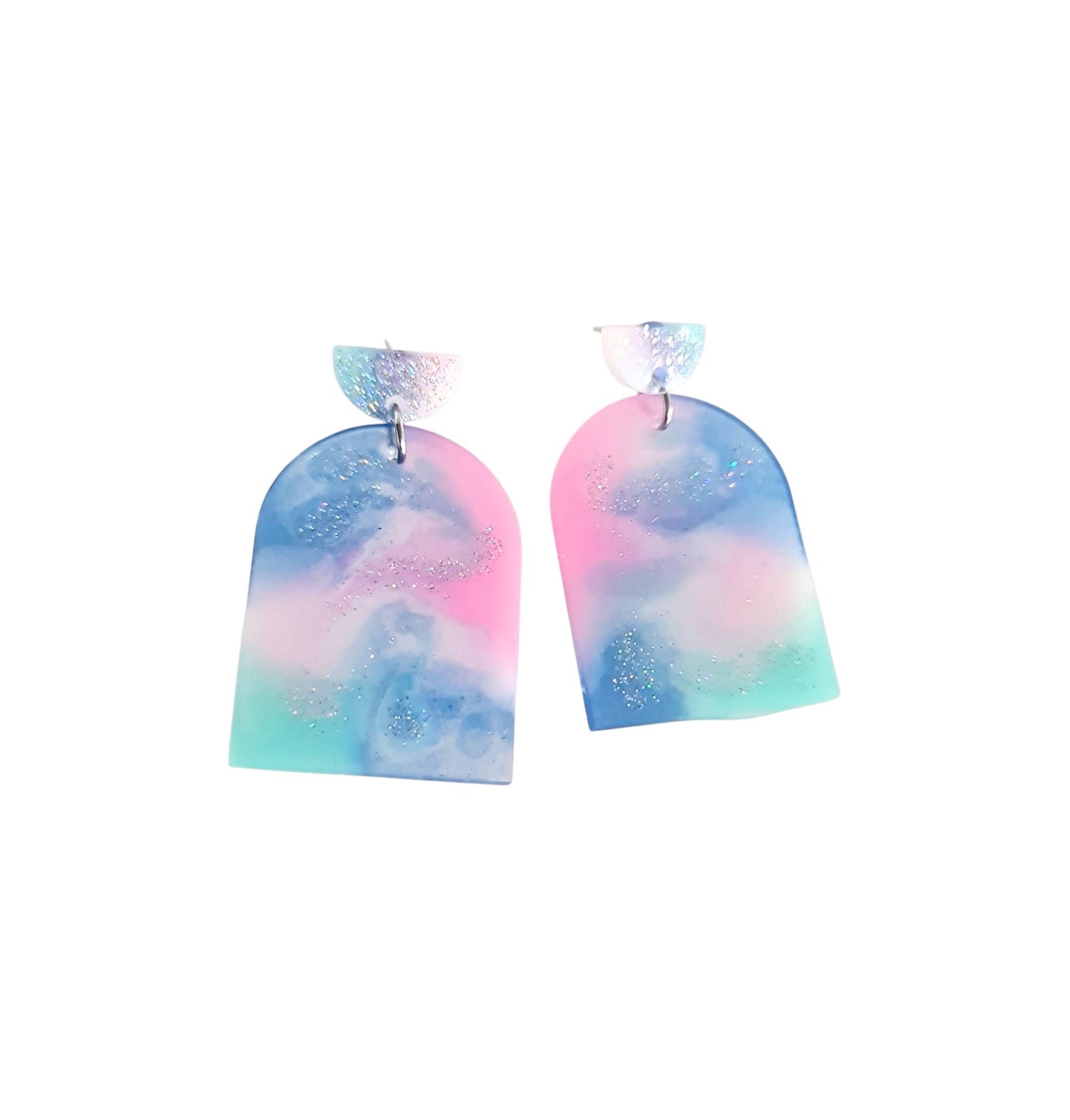 Statement Pastel Earrings, Arch Dangle Drop Hook Earrings, Blue, Teal, Pink and White Glitter Resin Handmade