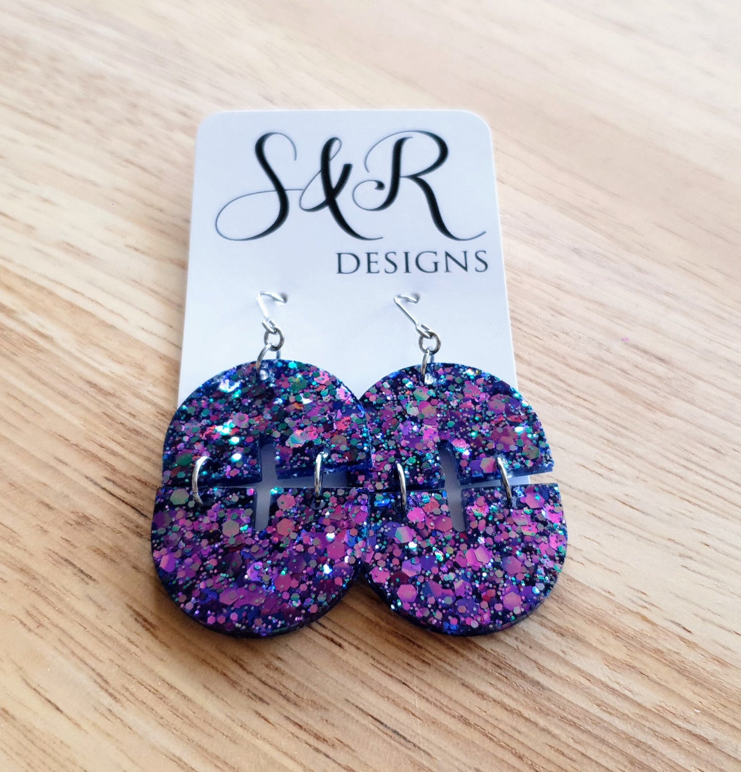 Blue Pink Double Arch Dangle Drop Earrings, Blue Pink Chameleon changing Glitter, Statement Handmade Resin Earrings
