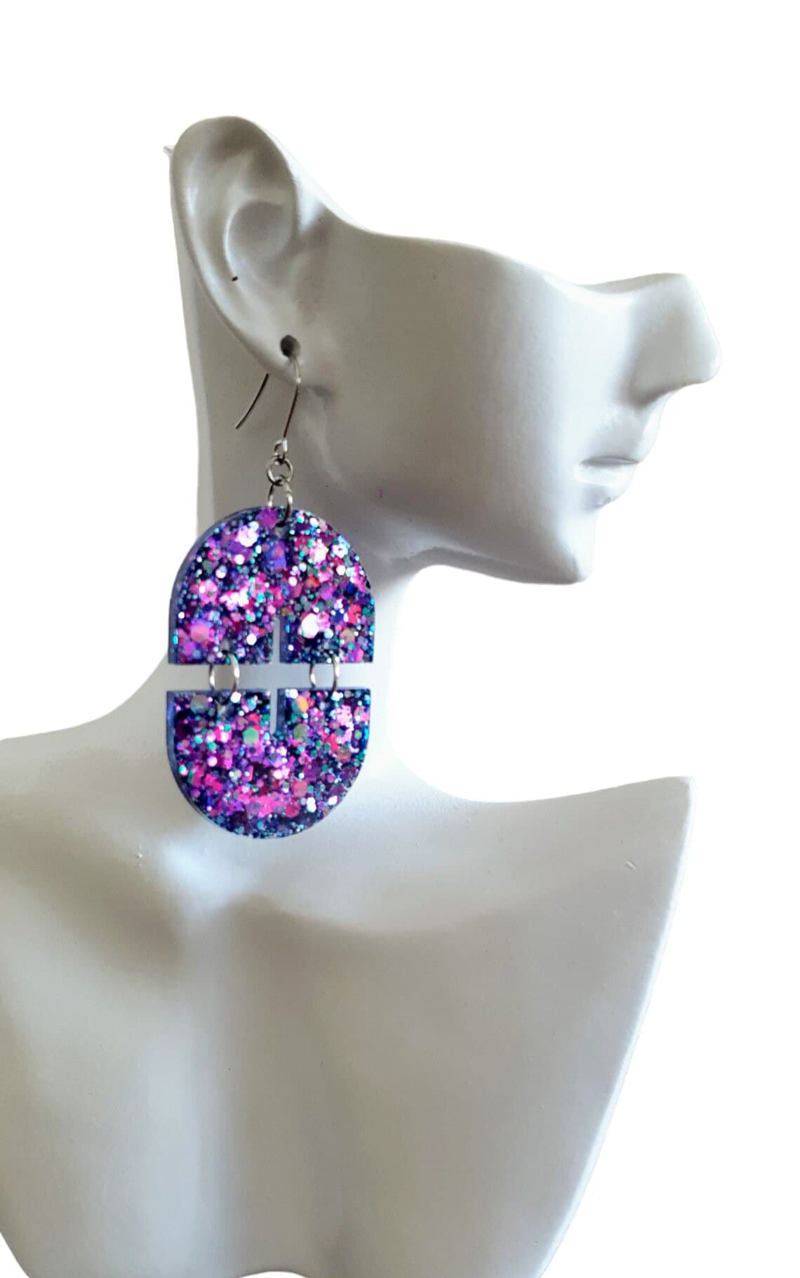 Blue Pink Double Arch Dangle Drop Earrings, Blue Pink Chameleon changing Glitter, Statement Handmade Resin Earrings