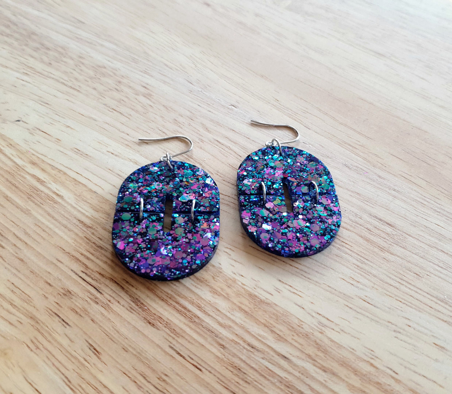 Blue Pink Double Arch Dangle Drop Earrings, Blue Pink Chameleon changing Glitter, Statement Handmade Resin Earrings