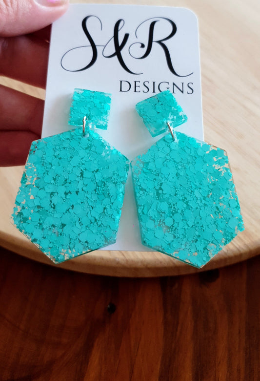 Mint Green Hexagon Square Dangle Drop Earrings, Resin Handmade Stud Earrings, Statement Earrings
