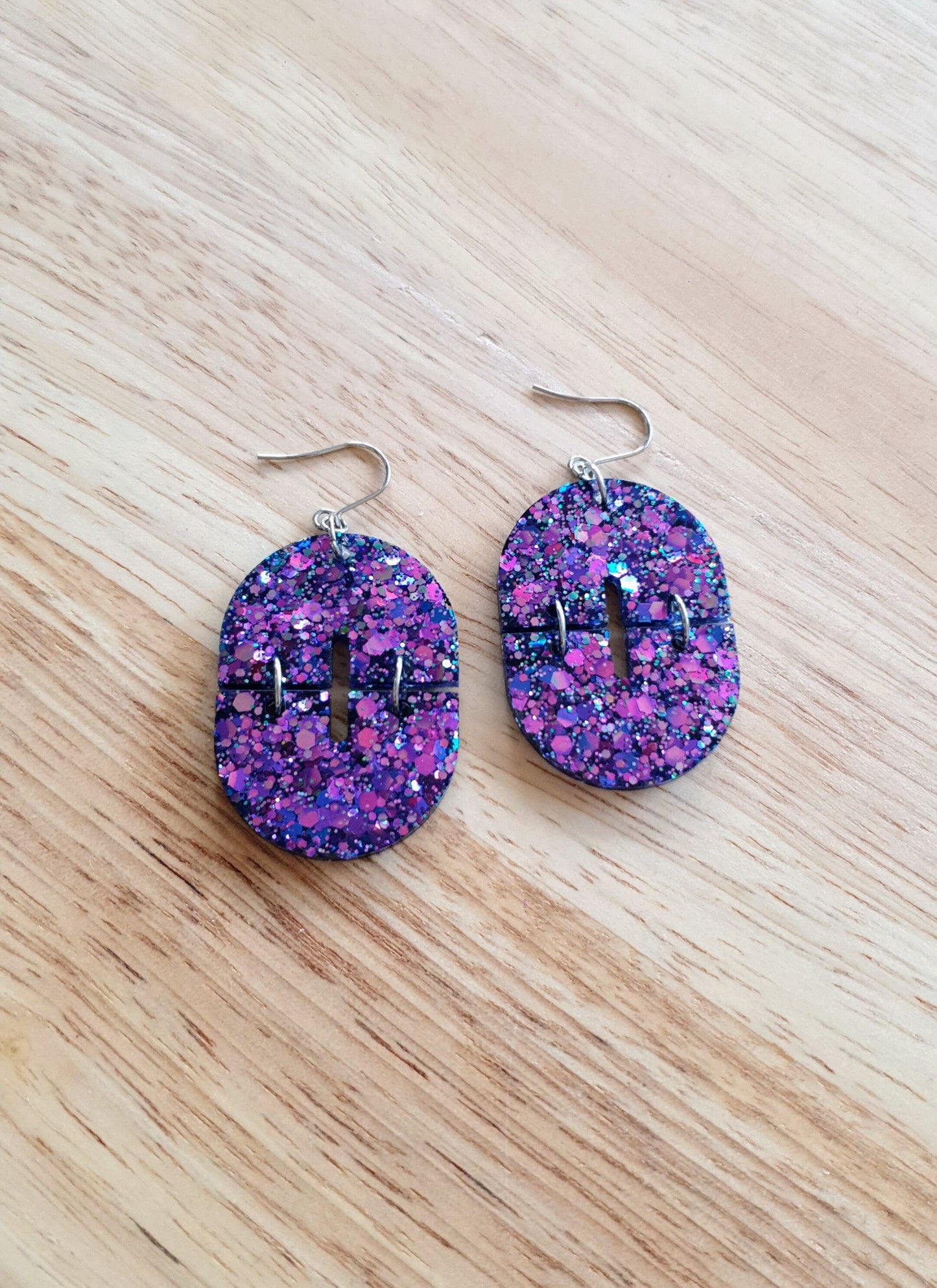 Blue Pink Double Arch Dangle Drop Earrings, Blue Pink Chameleon changing Glitter, Statement Handmade Resin Earrings