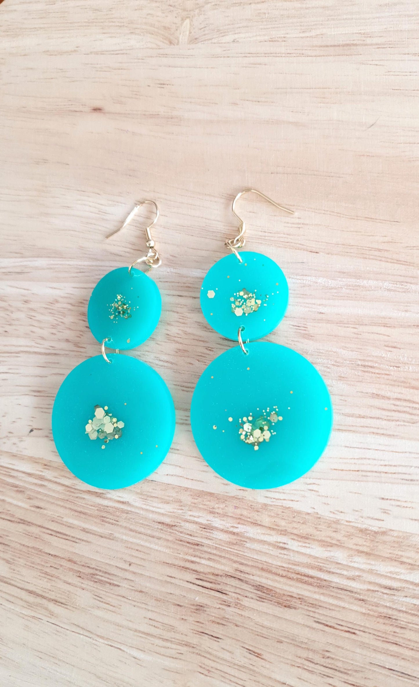 Two Circle Long Earwire Earrings, Statement Teal with a Splash of Gold Glitter Earrings, Bridal Earrings, Bridesmaid, Gold Stainless Steel.