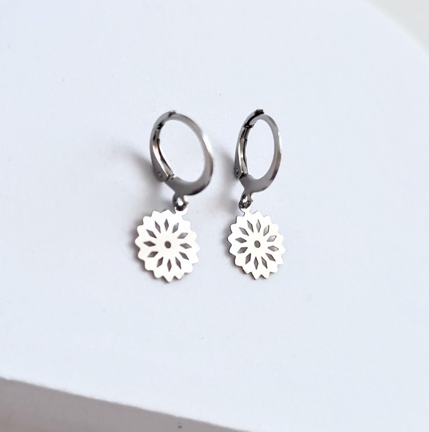 Silver Flower Leverback Earrings, Filigree Flower, Stainless Steel, Choose Hook Earrings, Leverback Earrings or Threaders, Waterproof