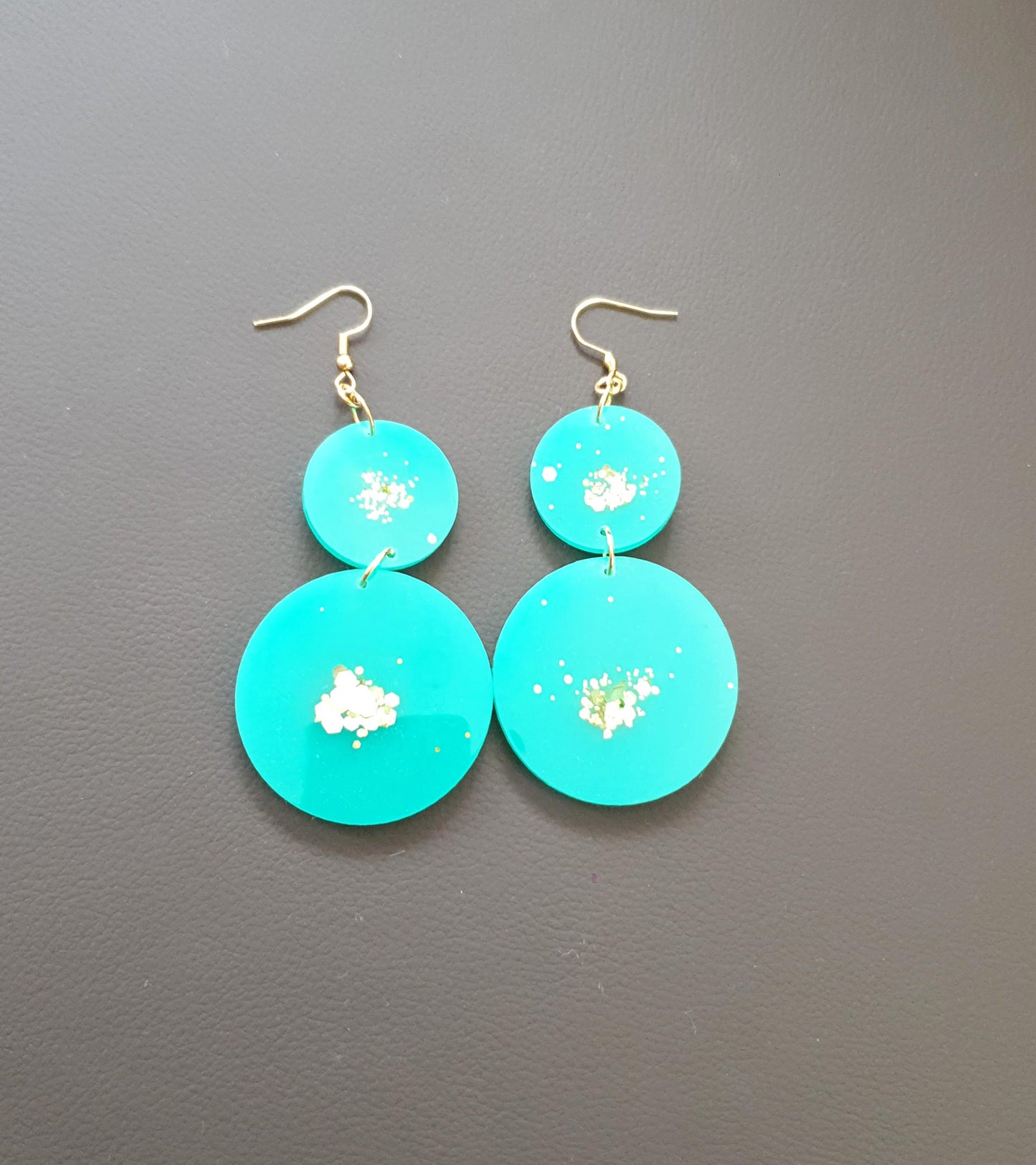 Two Circle Long Earwire Earrings, Statement Teal with a Splash of Gold Glitter Earrings, Bridal Earrings, Bridesmaid, Gold Stainless Steel.