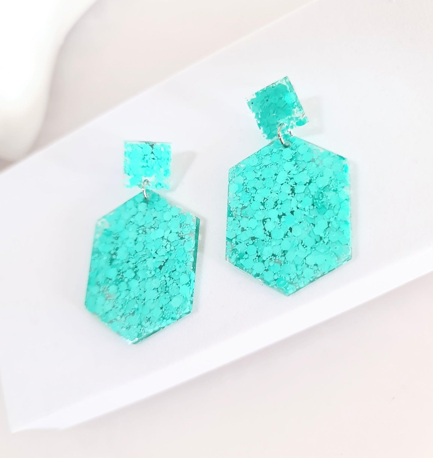 Mint Green Hexagon Square Dangle Drop Earrings, Resin Handmade Stud Earrings, Statement Earrings