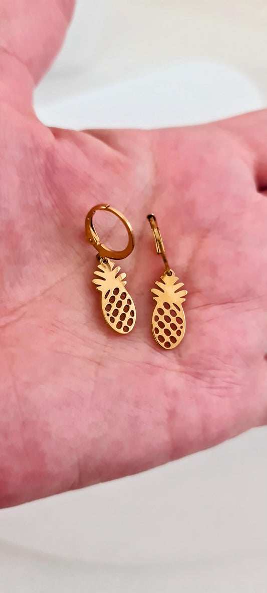 18k Gold Pineapple Earrings, Exotic Tropical Fruit, Gold PVD Stainless Steel Dangle Leverback Earrings. Fruit Lover