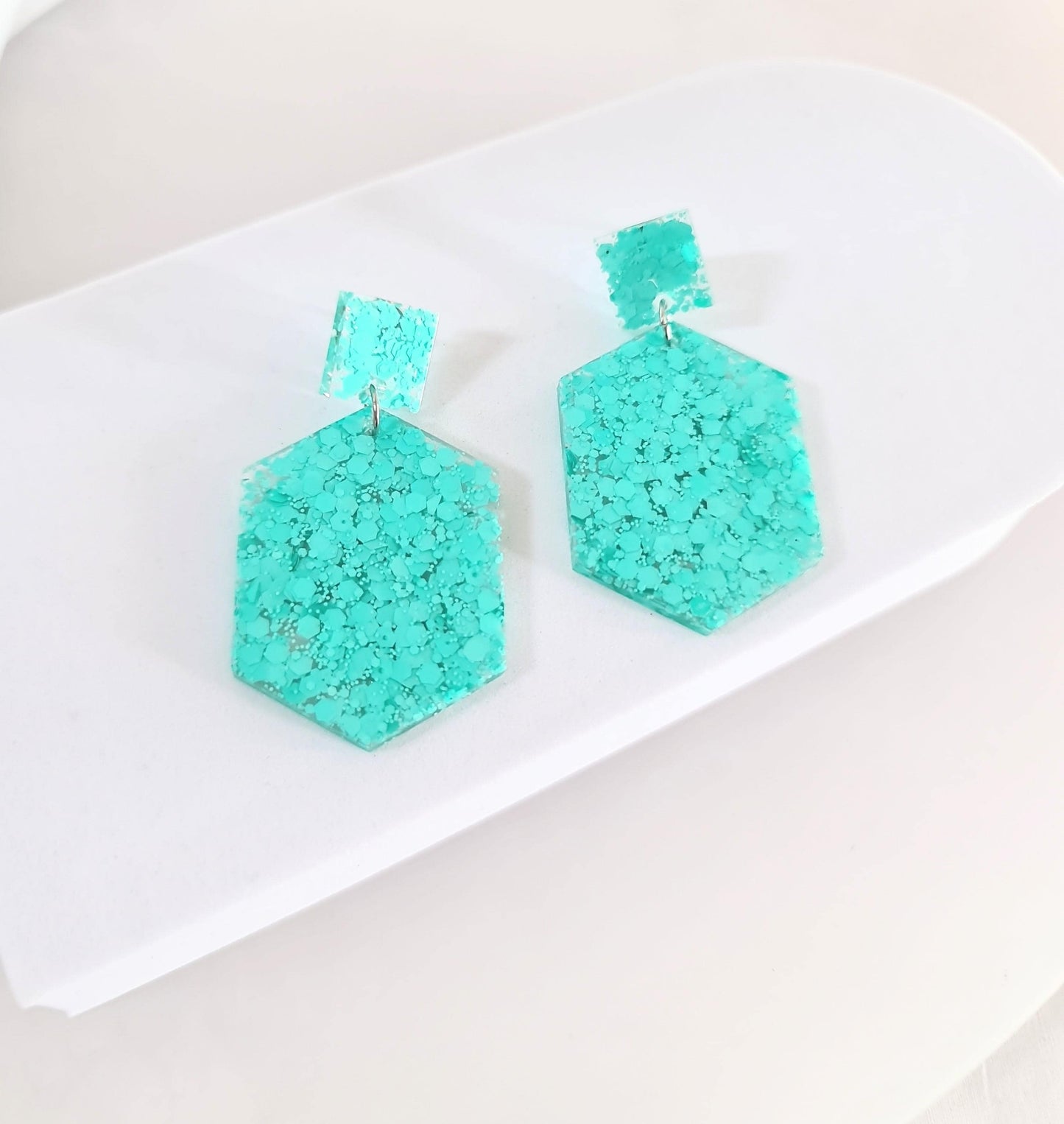 Mint Green Hexagon Square Dangle Drop Earrings, Resin Handmade Stud Earrings, Statement Earrings