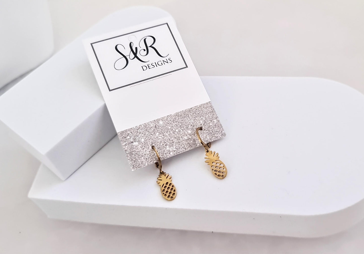 18k Gold Pineapple Earrings, Exotic Tropical Fruit, Gold PVD Stainless Steel Dangle Leverback Earrings. Fruit Lover